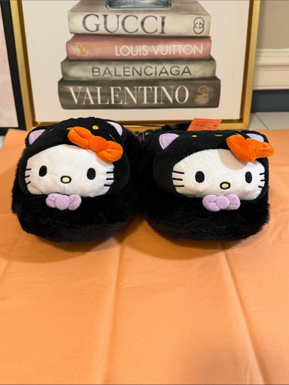 Hello Kitty Black Plush Slippers with Orange Bow